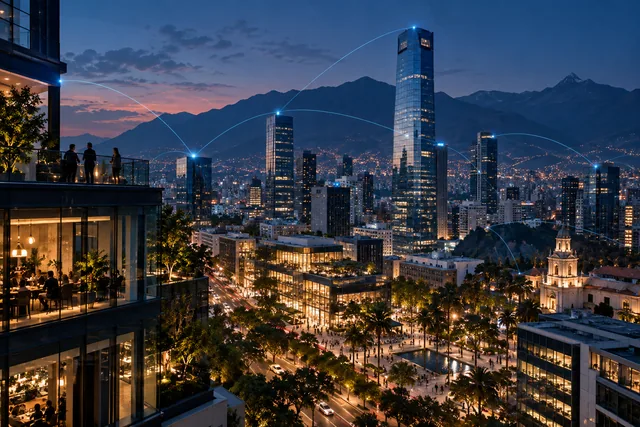 Vista conceptual de una ciudad conectada por señales de mercado.