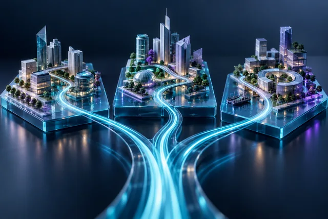 Representación de escenarios alternativos sobre tres modelos de ciudad.